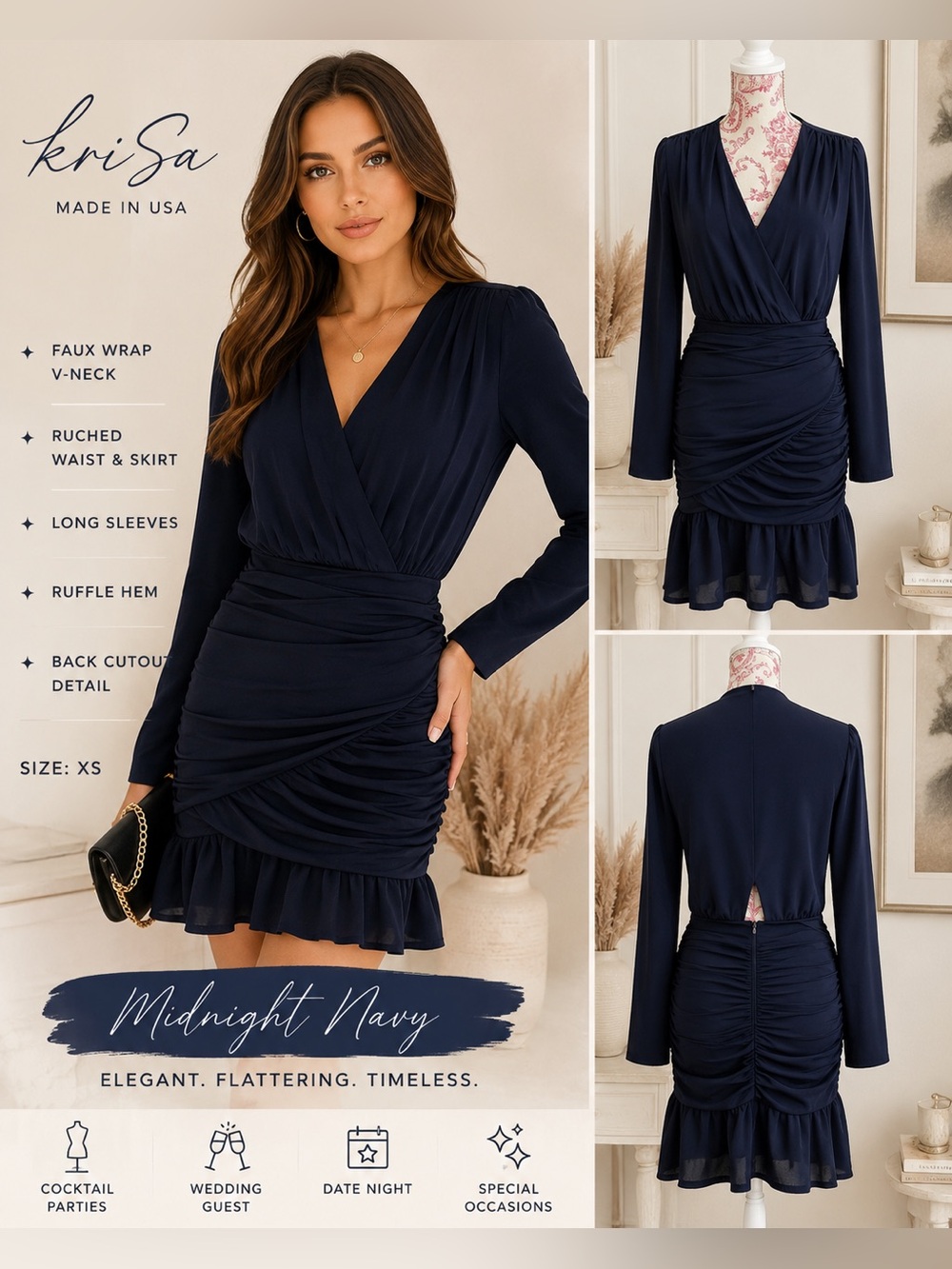 NWT KriSa Midnight Navy Ruched Faux Wrap Mini Dress XS Long Sleeve